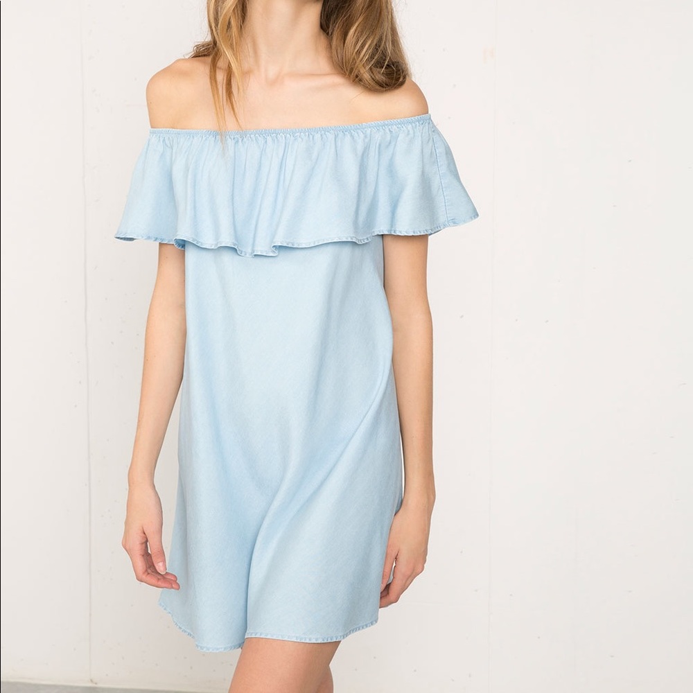 off the shoulder denim shift dress from bershka